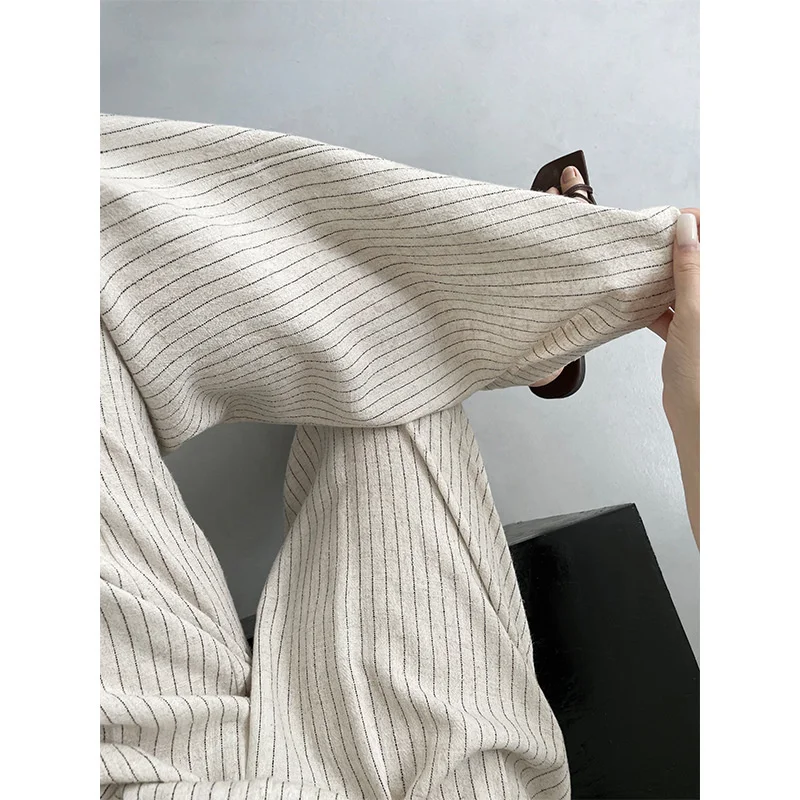 Stripe Linen Cotton Long Pant Women High Waist Wide Leg Pants