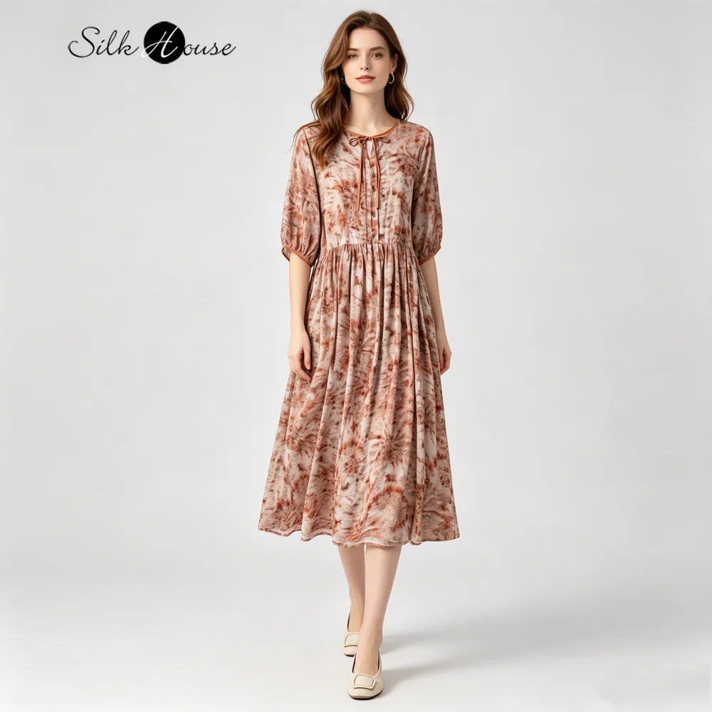 2026 Women's Casual Summer New 100% Natural Mulberry Silk Double Crepe Maple Leaf Tie Dyeing Round Neck Loose Large Swing Dress