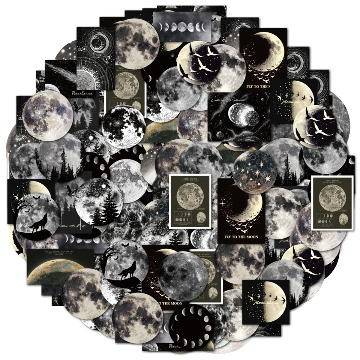 

50 шт. черно-белые наклейки с космическим узором луны для ноутбуков, бутылок с водой, чехлов для багажа и телефонов, открыток, наклеек