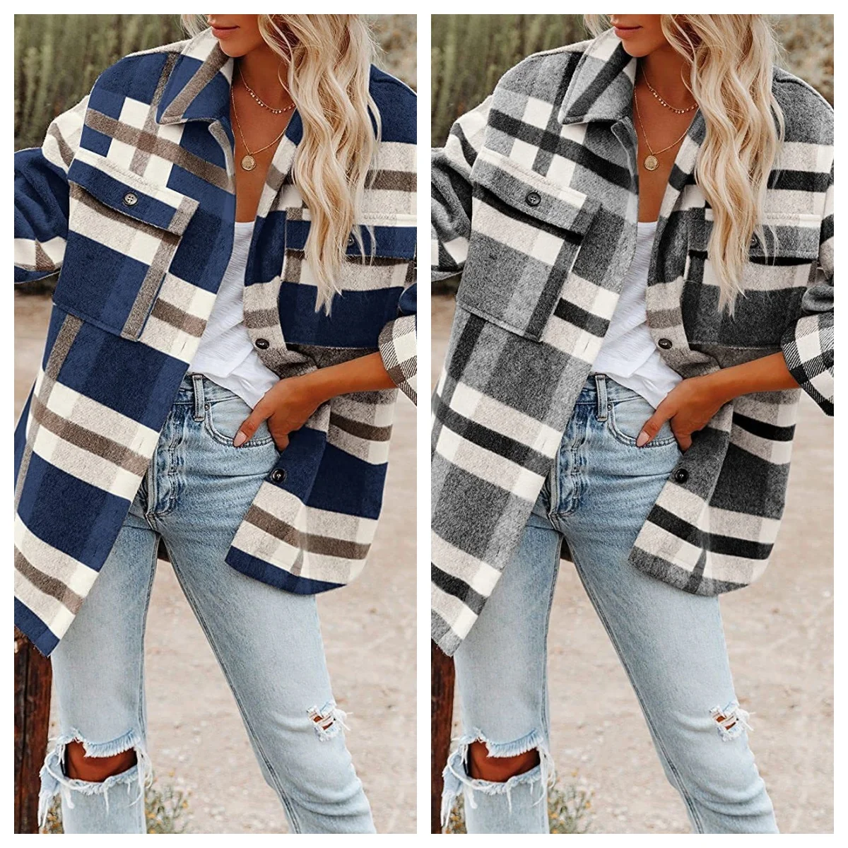 

Осенняя женская клетчатая куртка с длинными рукавами и лацканами, рубашки на пуговицах, шерстяное пальто, повседневные топы, верхняя одежда с карманами, куртки