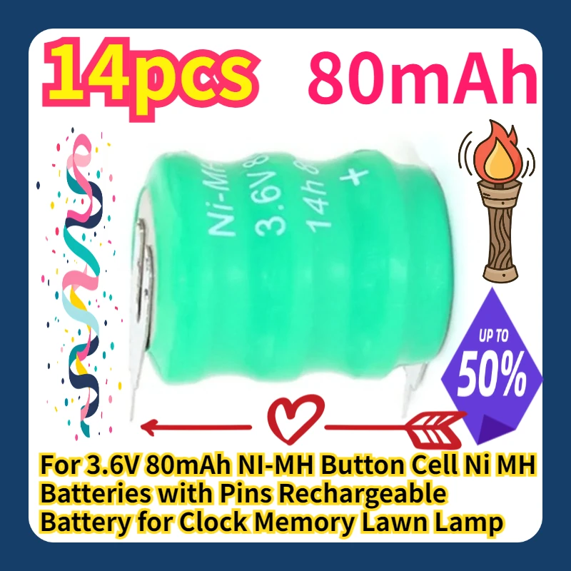 For 3.6V 80mAh NI-MH Button Cell Ni MH Batteries with Pins Rechargeable Battery for Clock Memory Lawn Lamp