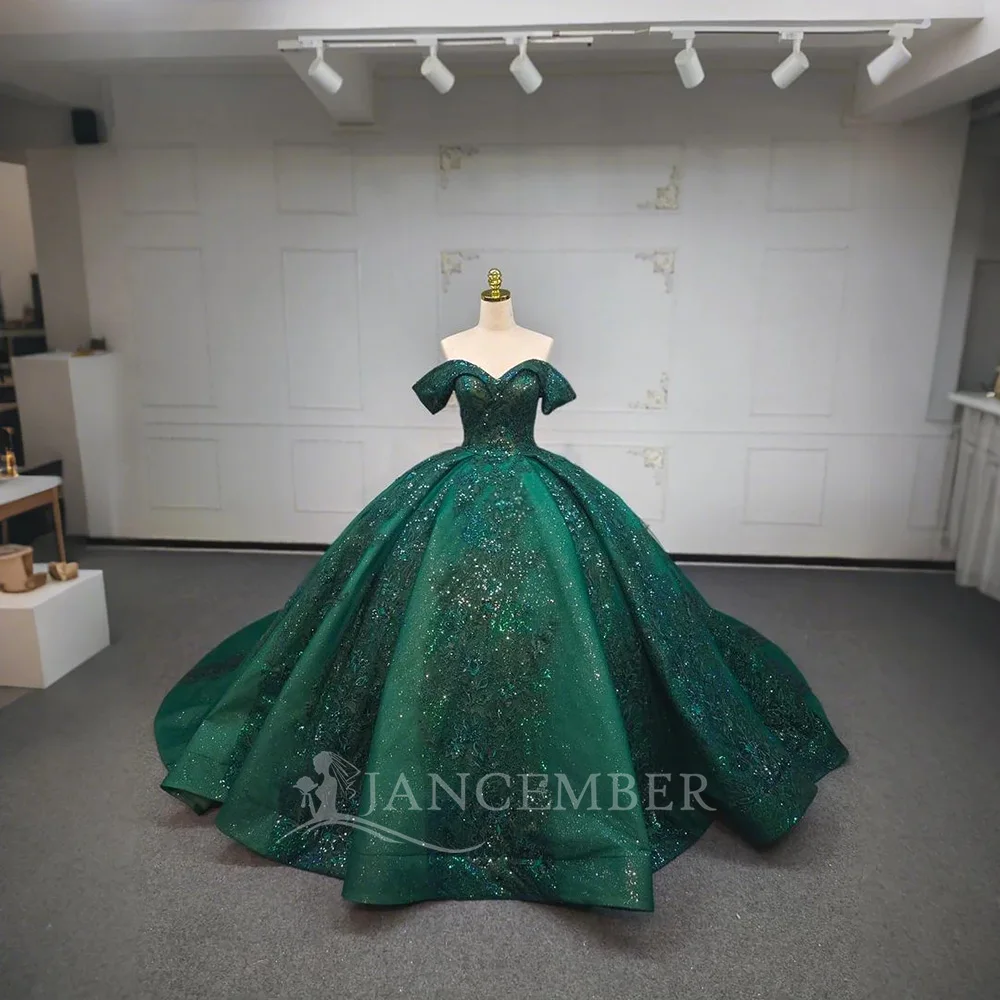 

Зеленое бальное платье на заказ, блестящие платья Quinceanera, классические платья с открытыми плечами для выпускного вечера, Vestidos De Quinceañera