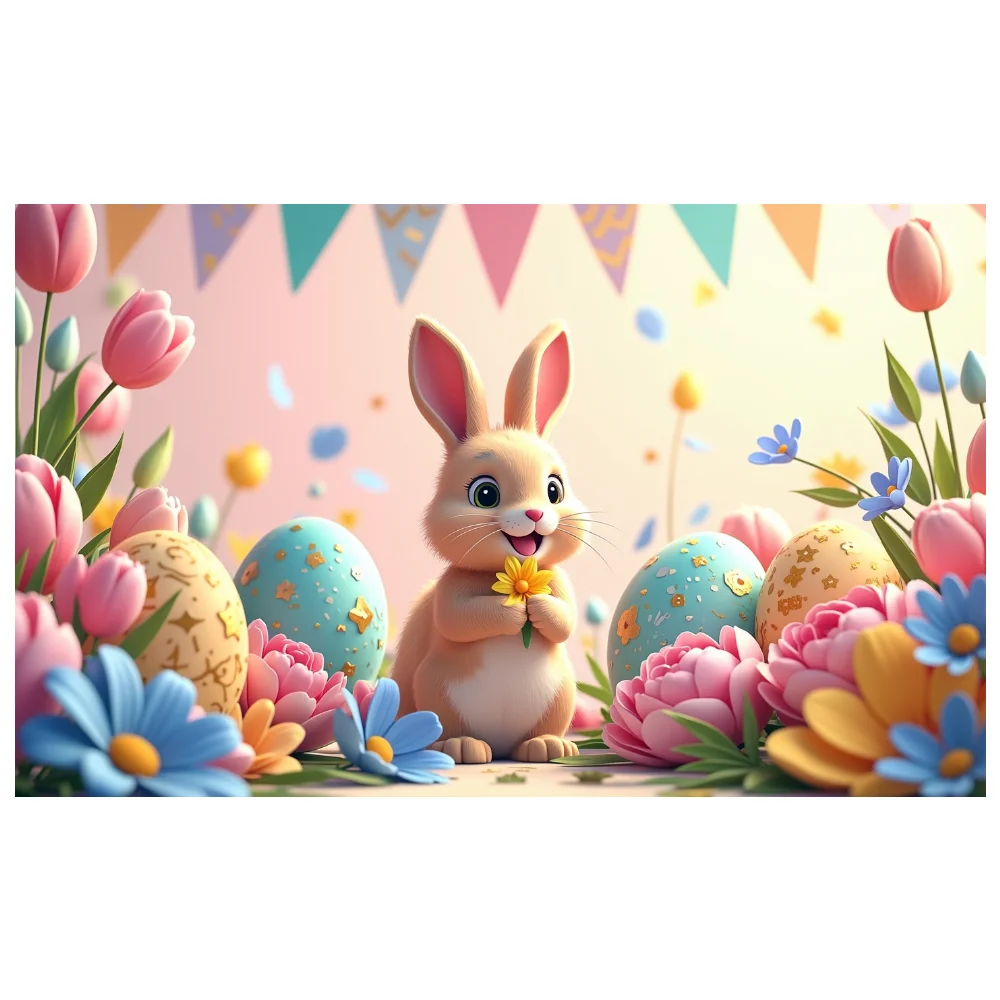 Easter Spring Backdrop for Kids Party Decorations with Cute Bunny and Floral Eggs Photography Colorful Banner Background