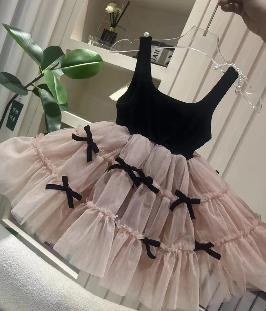 Girls 2024 Summer New Bow Dress Baby Girl Sleeveless Black Pink Princess Dress Toddler Girl Sweet Cute Clothes