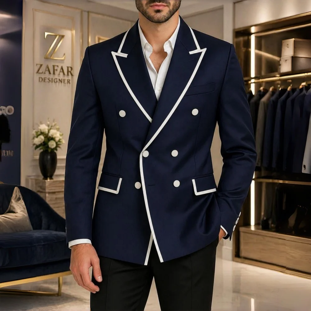 Luxury Piping Double Breasted Men Suits Slim Fit Wedding Tuxedo 2 Pieces Formal Blazer Pants Set Groom Guest Prom Party Banquet