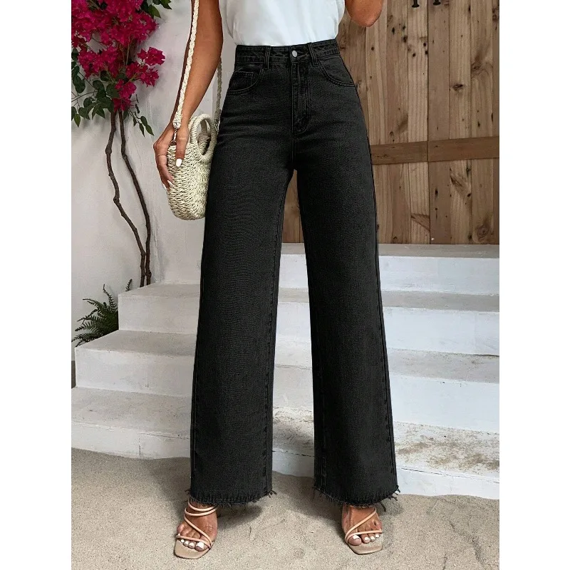 

2026 Women's Casual Everyday Commute Simple Versatile Solid Color High Waist Loose Wide Leg Jeans White