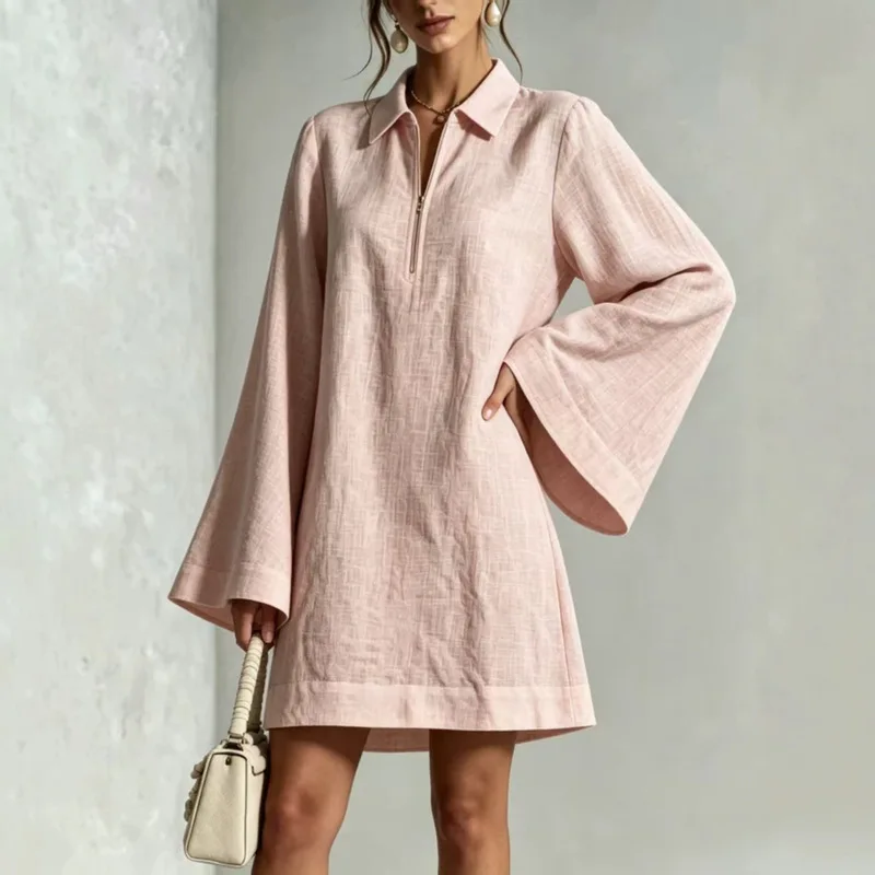 Women'S Lapel Half Zip Loose Fit Thin Long Sleeve Casual Dress Daily Wear Versatile Commuting Outfit For Spring Autumn