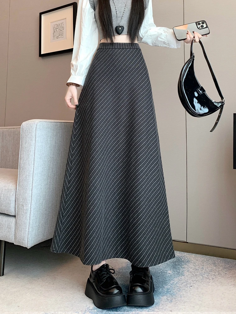 

Шерстяная полуюбка в полоску в стиле ретро, женская осенне-зимняя новая большая распашная юбка-зонтик трапециевидной формы с высокой талией и утягивающим эффектом