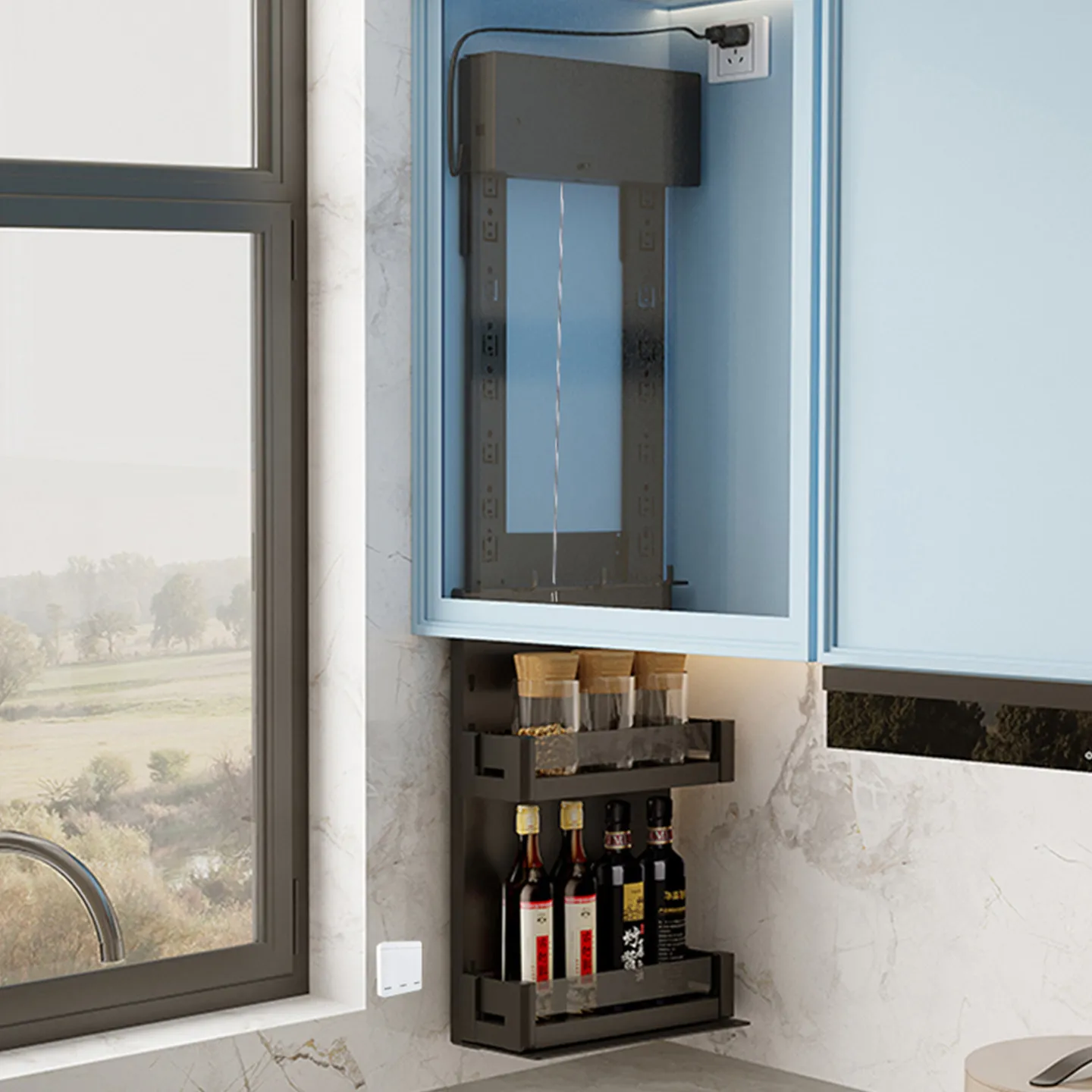 

Kitchen hanging cabinet Electric lift basket Pull-down cabinet Intelligent voice-activated touch seasoning basket Vertical