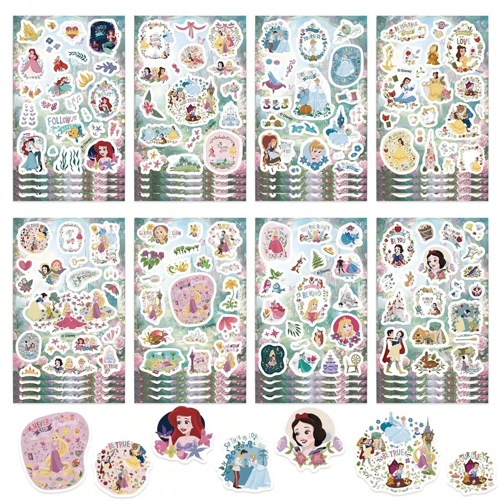 8Sheets/Pack Disney Cartoon Cute Princess Make Puzzle Stickers DIY Decoration Skateboard Phone Laptop Bike Fridge Stickers
