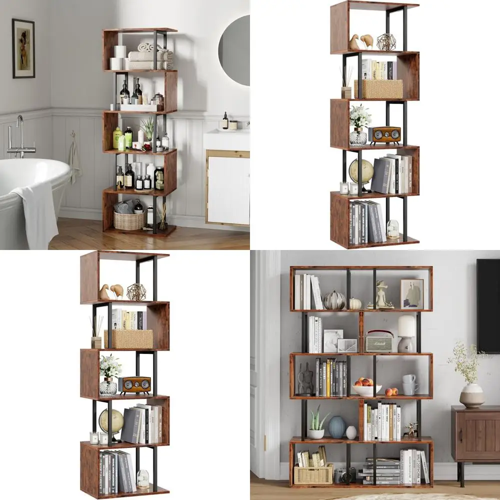 

6-Tier S-Shaped Geometric Bookcase, Tall Modern Display Shelf, Rustic Brown Wood Metal Rack for Living Room, Bedroom, Office