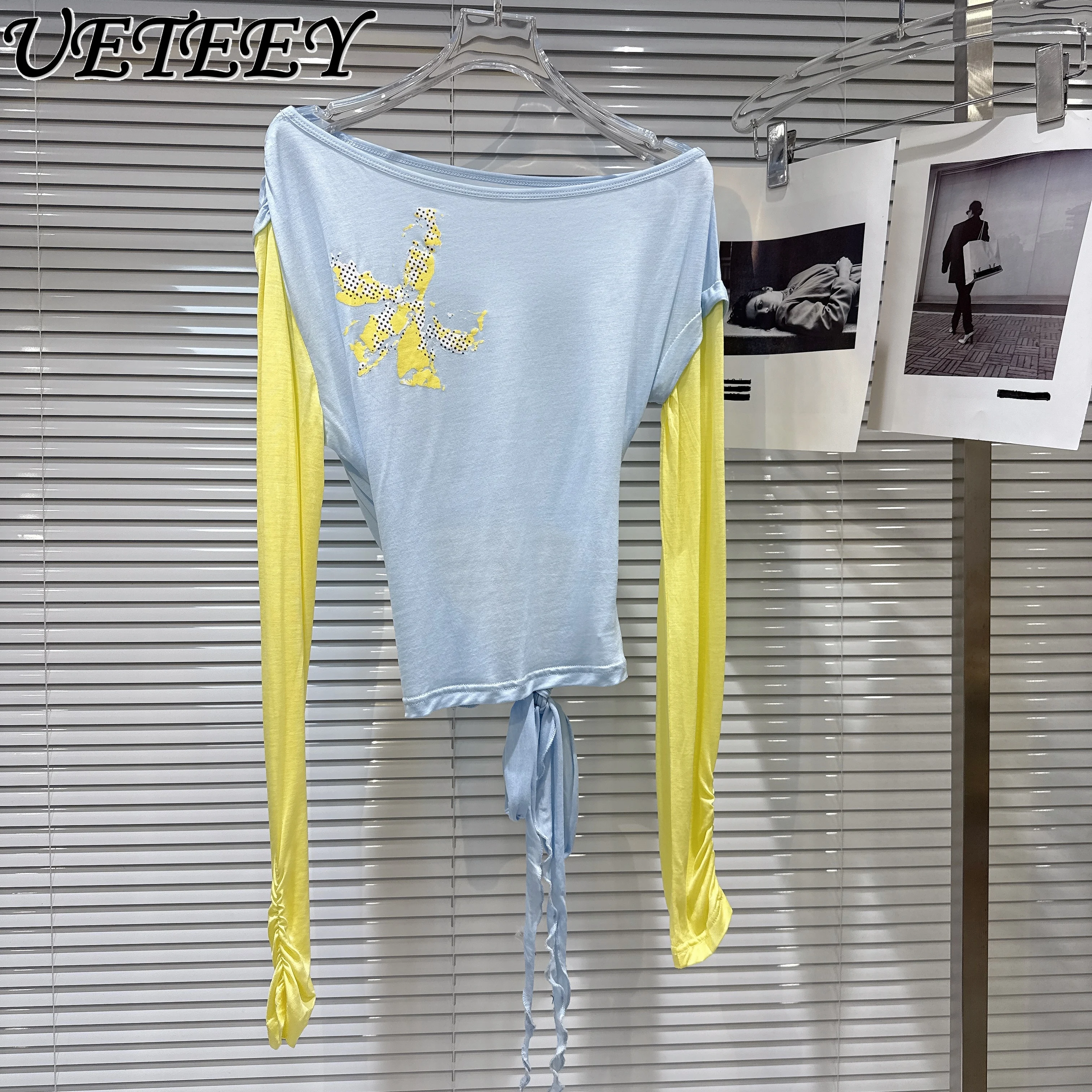 

Sweet Cool Hot Girl Cartoon Print Contrasting Color Back Strap Long Sleeve T-shirt Women Elastic Slim Cute Street Tshirt Top Y2k