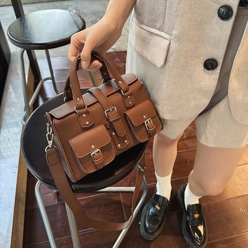 

Y2K Various Handbag Litchi PU Leather Motorcycle Bag Shoulder Bag Crossbody Bag Vintage Large Capacity Multi Pocket Bag