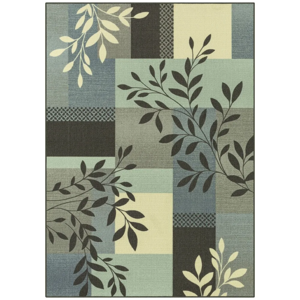 

Traditional Leaf Block Aqua Gray Print Indoor Area Rug, 4'x5'4