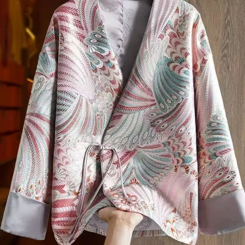 

Pink End Silk Rayon Jacquard Embroidery Jacket Women Loose Vintage Korean Long Sleeve Tangsuit Cheongsam Coats Chinese Style Top