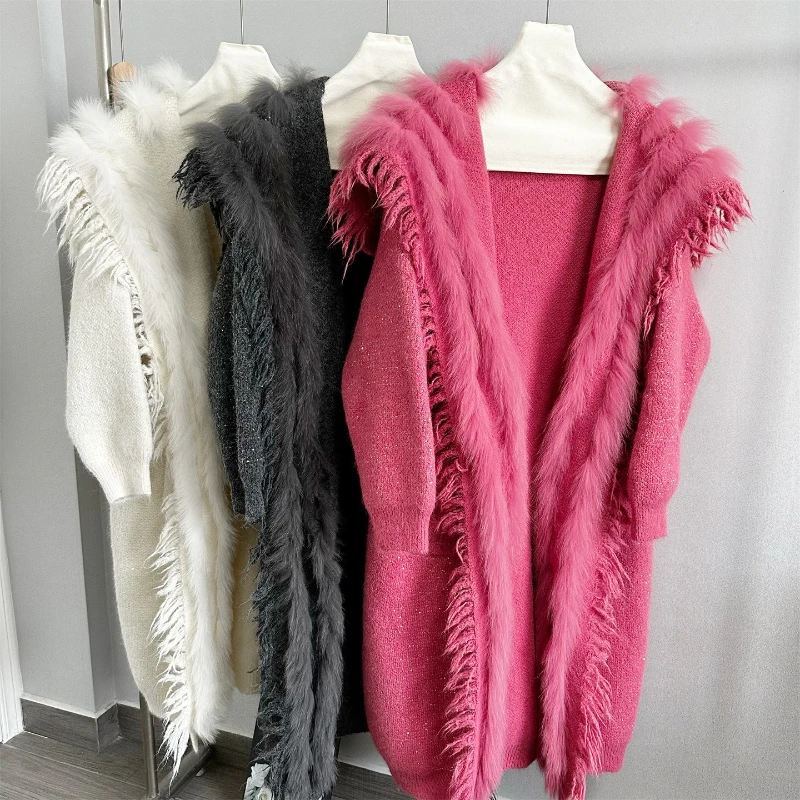 

2025 New Spring Autumn Women's Real Fox Fur Knitted Coat Fox Fur Navy Collar Special Sweater Female Luxury Coat Long Sleeves