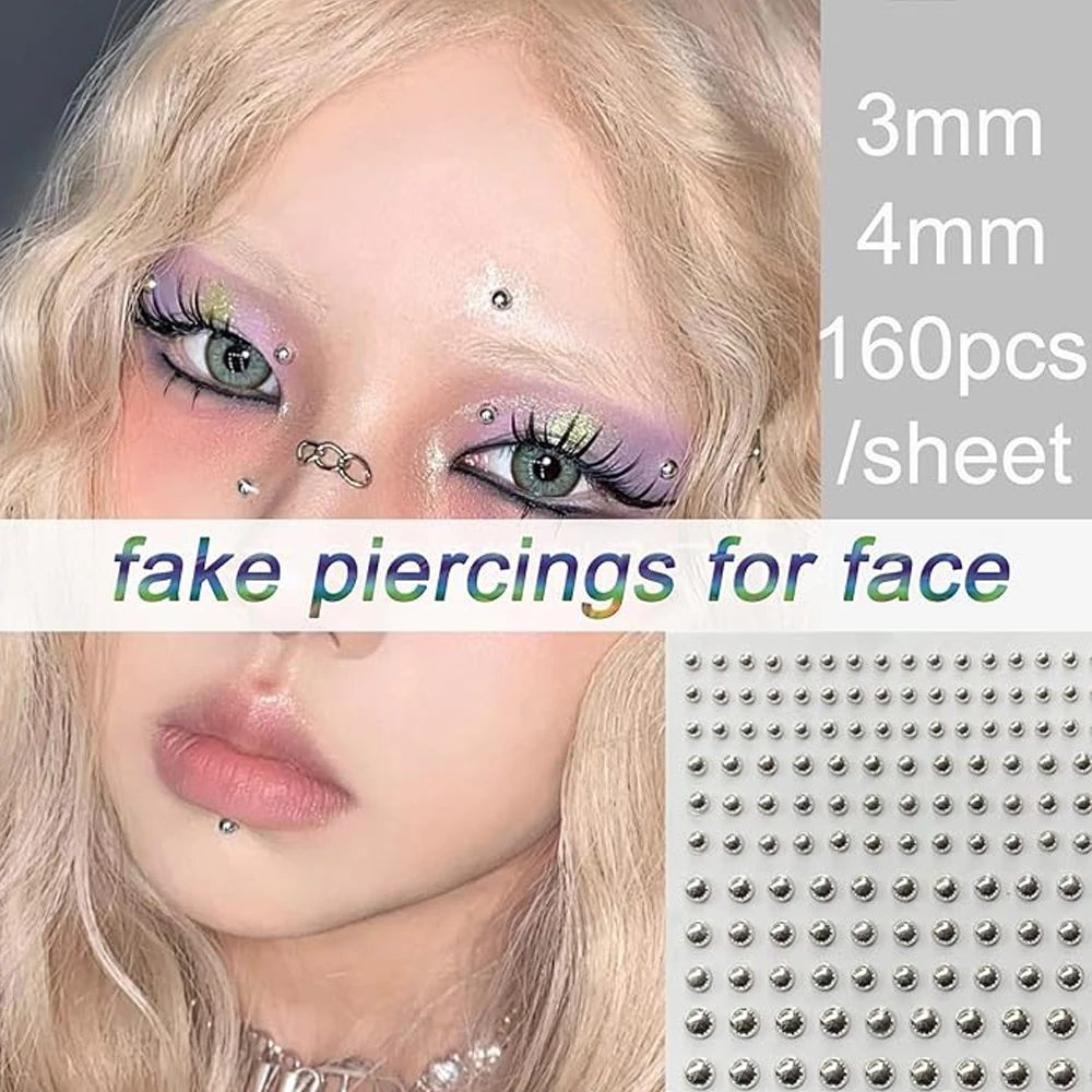 3sheets (160pcs/ sheet)  stick balls Fake Piercings Nose Ring Eyebrow Lip Ring Labret Studs More Adhesive Face Jewelry 1 tweezer