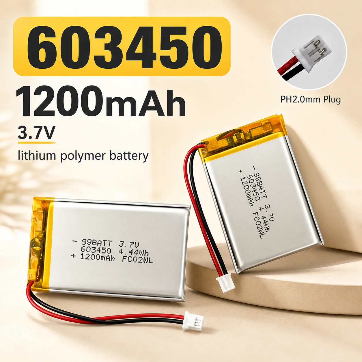 603450 1200mAh 3.7V Rechargeable LiPo Battery for Bluetooth Headsets, Speakers, Beauty Instruments and Fingerprint Door Locks