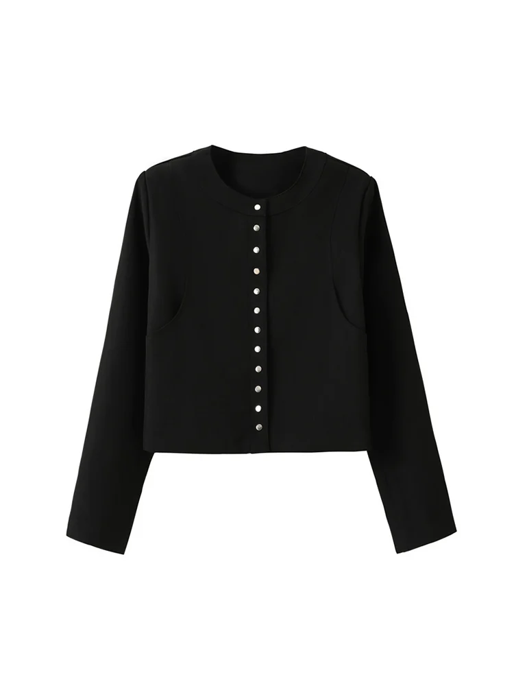 سترة جيني ستايل قصيرة برقبة دائرية سوداء كورية رفيعة للخريف ملابس خارجية نسائية غير رسمية مريحة فضفاضة بأكمام طويلة #5