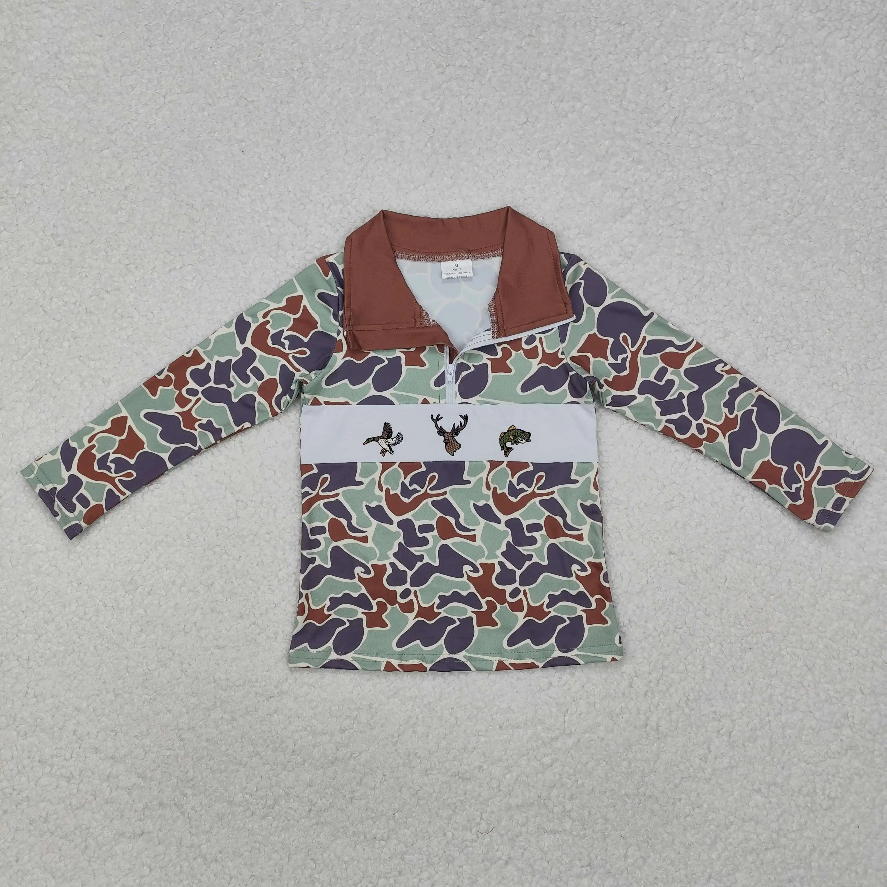 BT0902 Fashionable Kids Boys Clothing Long Sleeve Embroidery duck elk fish camouflage brown zipper Print With Children Clothes