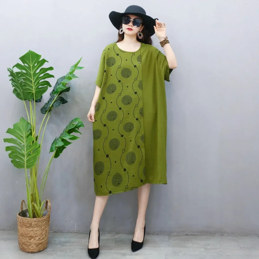 

【HOT】- Southeast Asian style summer dress loose large size women's dress printed silk and hemp European and American dress fa