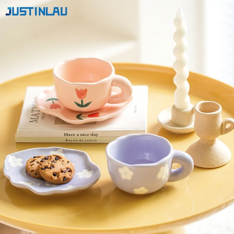 JUSTINLAU Kaffeetassen- und Untertassen-Set, Keramik-Blumenmilchtassen mit unregelmäßiger Untertasse, Nachmittagstee-Wassertasse, Valentinstagsgeschenke
