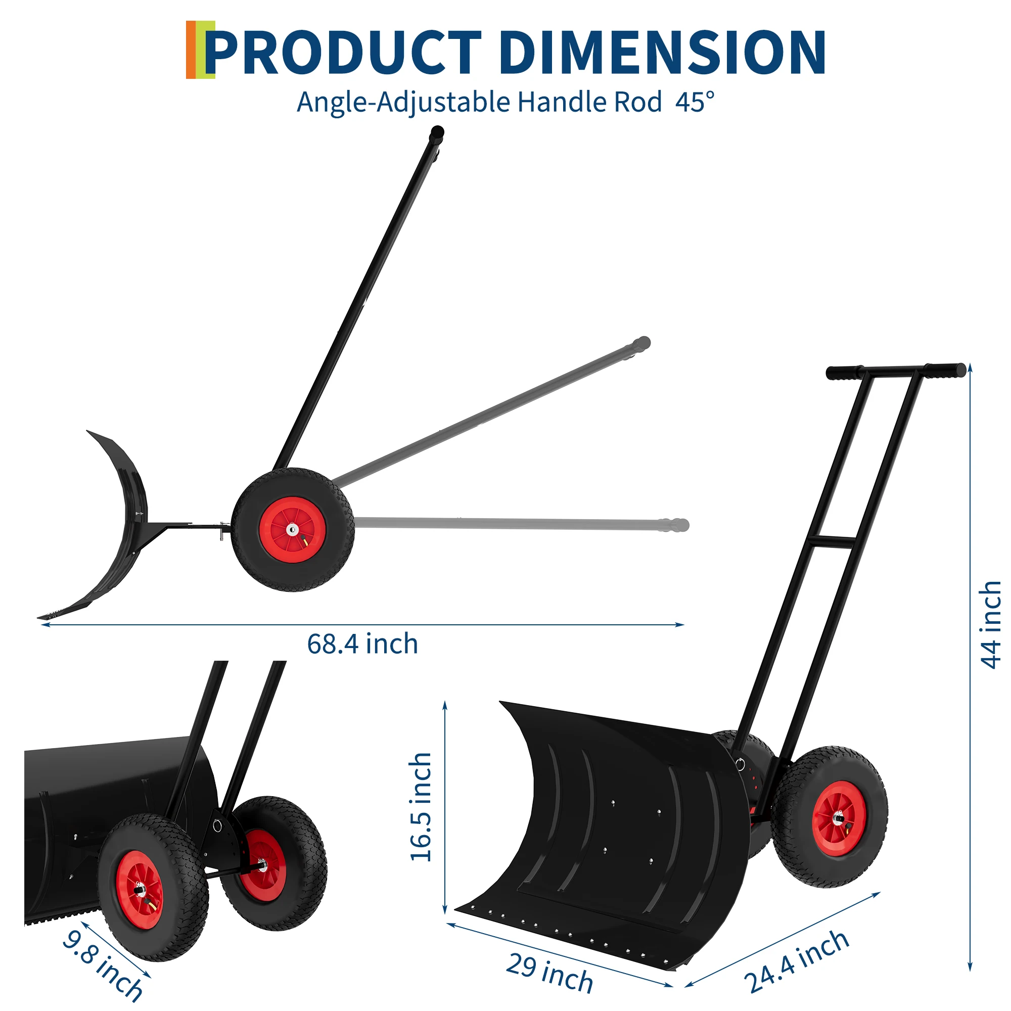 Snow Shovel, 40 Inch Heavy Duty Snow Pusher for Driveway with Adjustable Handle and Angled Blade, Efficient Snow Shovel with Wheels, Snow Pusher for Doorway, Sidewalk, Deck