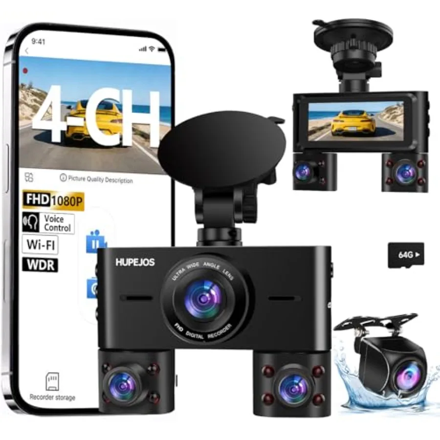 360 Dash Cam with Front and Rear Dual Cameras for Cars 4 Channel FHD 1080P Video Recording Built-in Wi-Fi Connectivity 3.16-inc