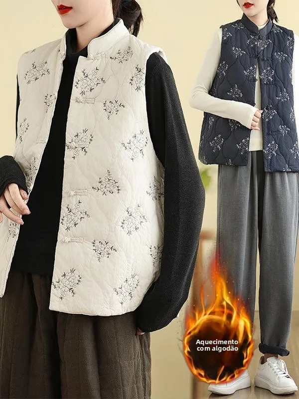 

Women's Embroidered down Cotton Vest Heavy Industry New Chinese Style Warm Outerwear Artistic Loose Fit Floral Design