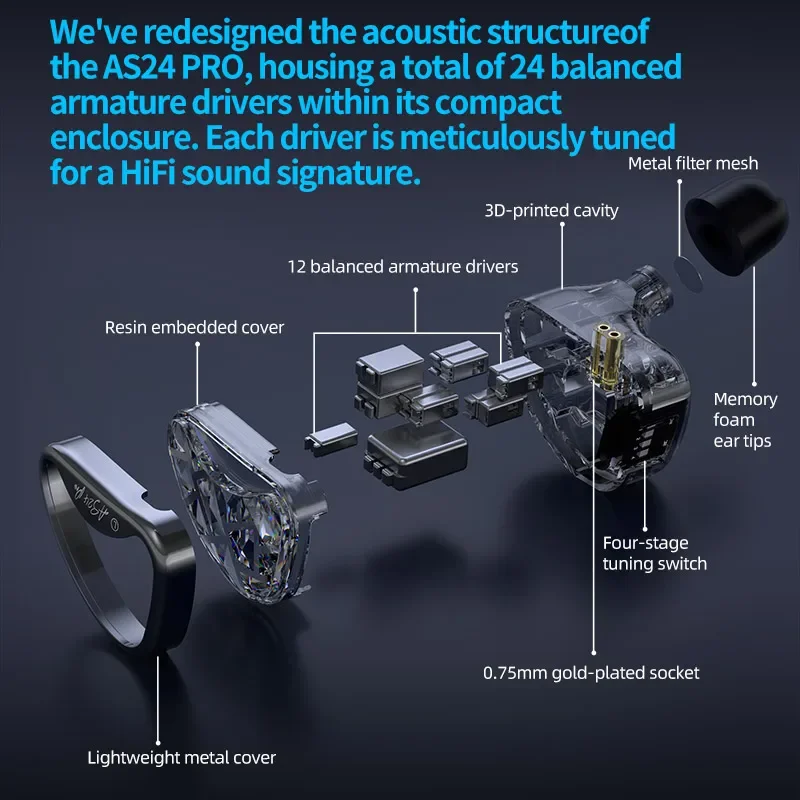 سماعات KZ AS24 Pro متعددة السائق ذات المحرك المتوازن HiFi سماعات رأس سلكية قابلة للضبط في الأذن سماعة أذن مزودة بخاصية إلغاء الضوضاء