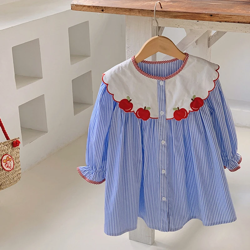 Girls Dress Cotton Clothes Children Blue Stripe Dress Long Sleeve Dress Embroidered Apples Dress Princess Costume Korean Style