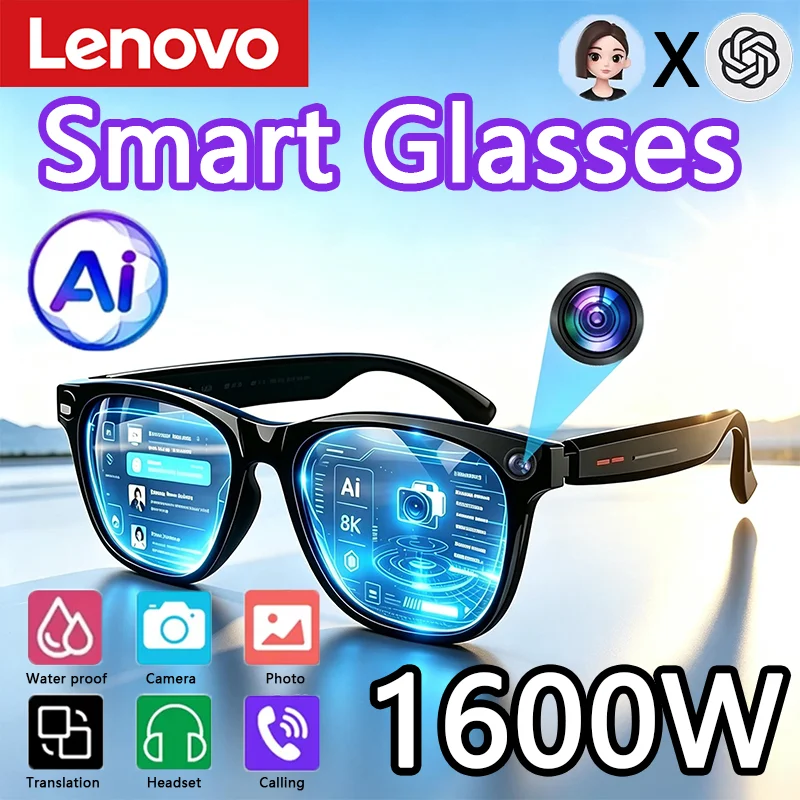 Lenovo Upgrade AI Smart Glasses 8K HD Control Touch Photo Camera Recording Music Translator Voice Assistant Smart Sunglasses