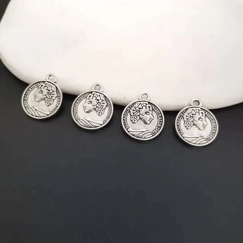 10Pcs/Lot 16*20mm Antique Silver Plated Metal Alloy Elisabeth Coin Charms Fit For DIY Accessories Jewelry Making Findings