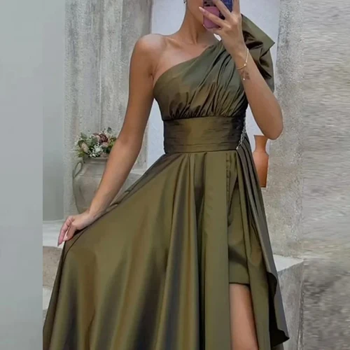 Imagen 2 del producto Vestido de noche elegante de Color liso para mujer, vestido largo ajustado con pliegues sin mangas para mujer, vestido Maxi informal con abertura a la moda para otoño