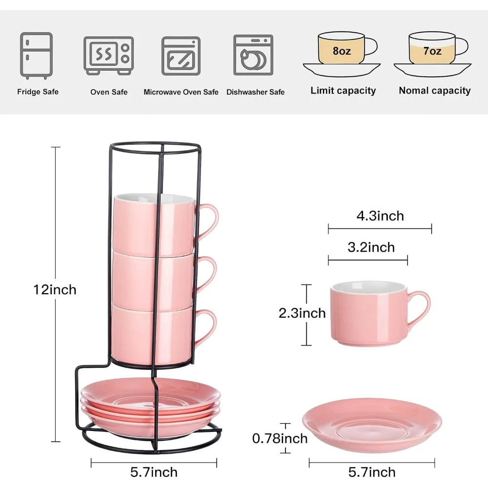 Coffee Cups Set of 4, 3/5/8/10oz Stackable Coffee Cups Set with Saucers and Metal Stand, Suit for Cappuccino, Latte, Americano