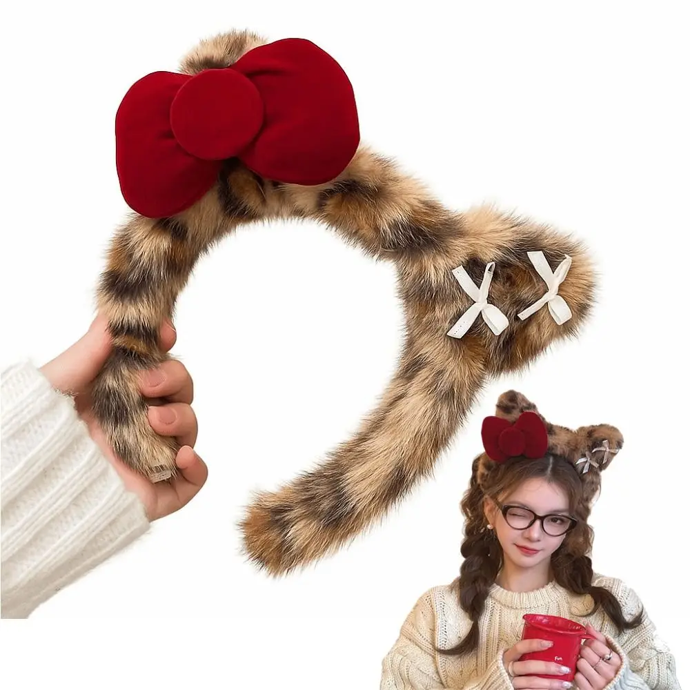 

Модная повязка на голову с леопардовым принтом и кошачьими ушками, портативный милый обруч на голову, легкий головной убор с бантом для вечеринки, косплей