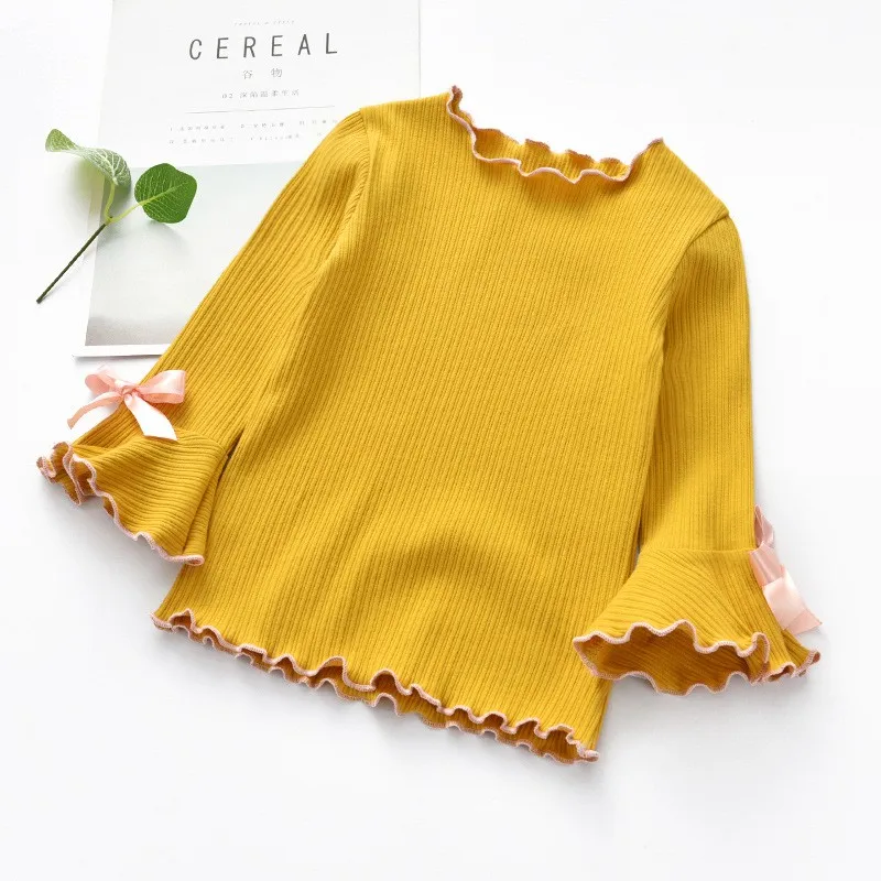 3-8T Spring Autumn Baby Girls T-shirt Ruffled Flare Sleeve Bow-knot Casual Shirt Kid Children\'s Long Sleeve O-Neck Cotton Top