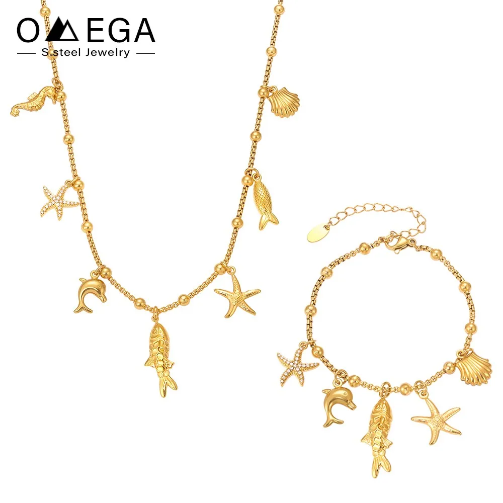 

Stainless Steel Necklace Bracelet For Women 18k Gold Plated With Fish Starfish Shell Charms Women's Necklaces Matching Bracelets