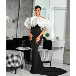 Luxury Evening Dress White and Black Chapel Train Short Sleeve Strapless Formal Occasion Stright Elegant Women Prom Party Gown