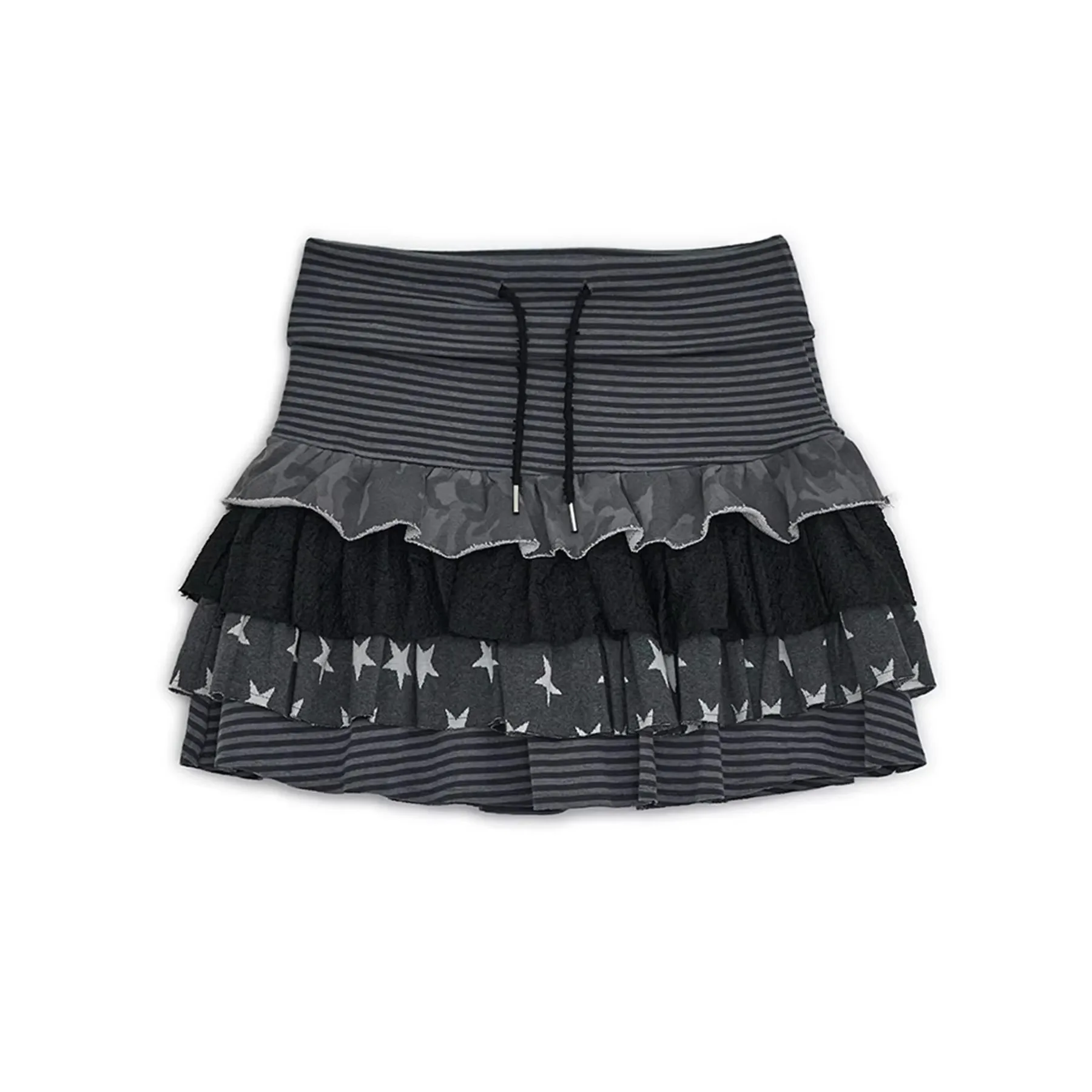 2026 Vintage Spice Girl Multi-layer Splicing Skirt Striped Camouflage Star Drawstring High Waist Skirt