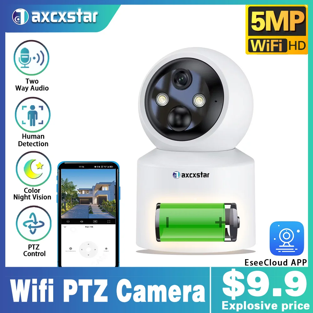 WiFi IP Camera 5MP Baby Monitoring Built-in Battery Wireless PTZ HD Human Detection Camera Home Secuiry Surveillance Video ccam