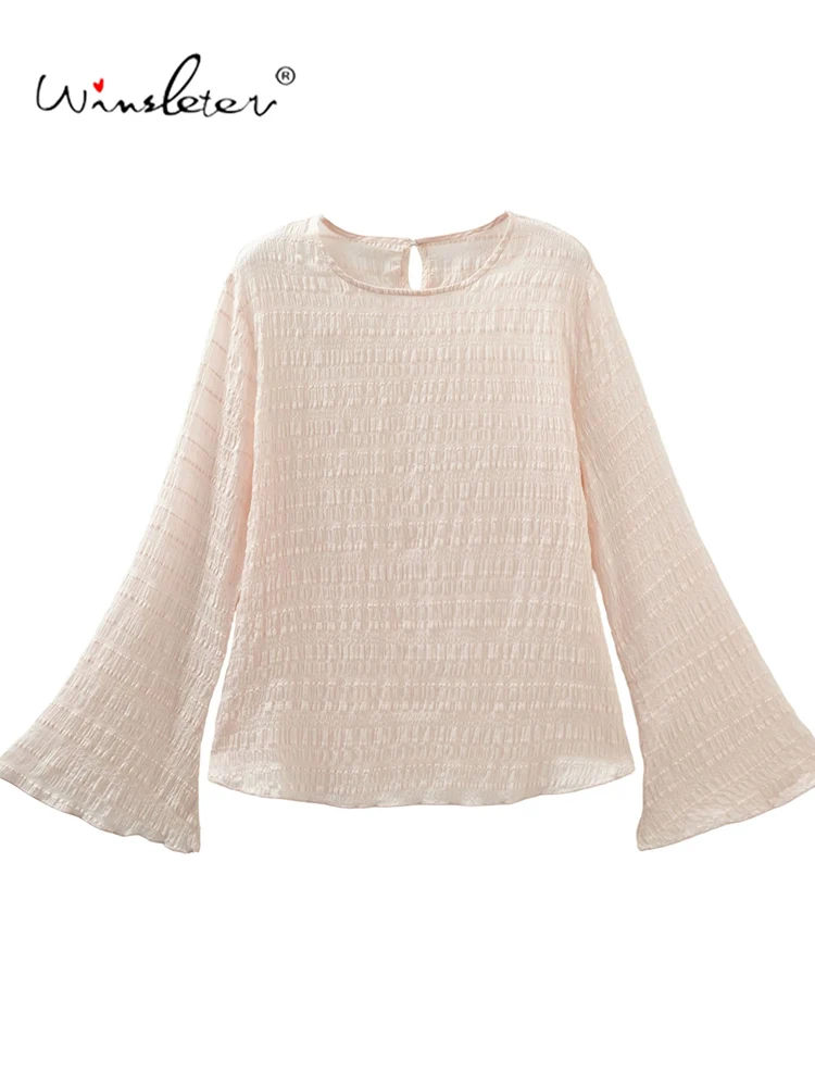 Winsleter-70%Silk Elegant T-Shirt, O Neck Flare Sleeve Folds, Women French OL Commute Lazy Loose Top, 2026 Autumn New T67003CC