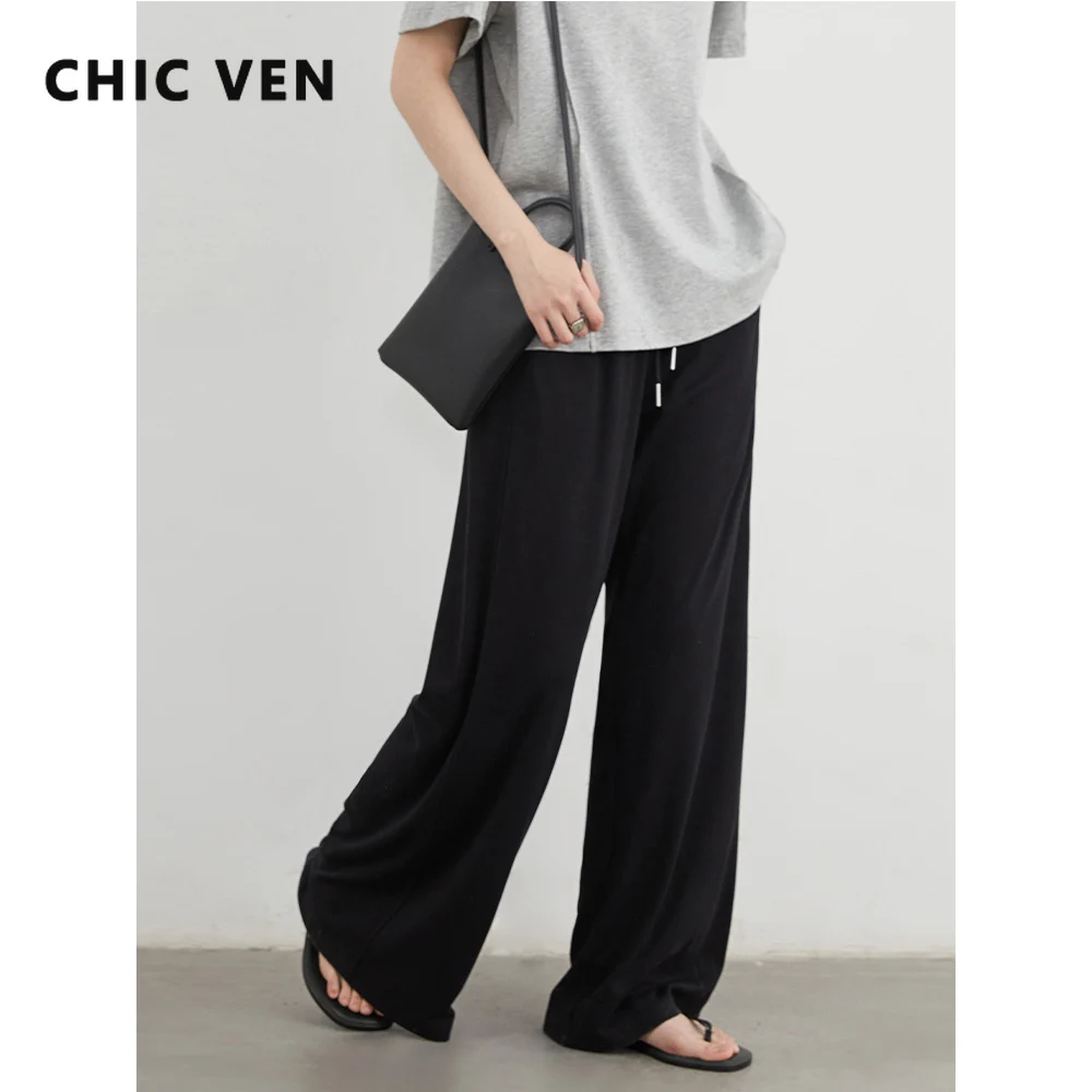 CHIC VEN Damskie spodnie Casual Luźne Spodnie z wysokim stanem ze sznurkiem Elastyczne spodnie z szerokimi nogawkami Damskie spodnie na całej długości Lato 2025
