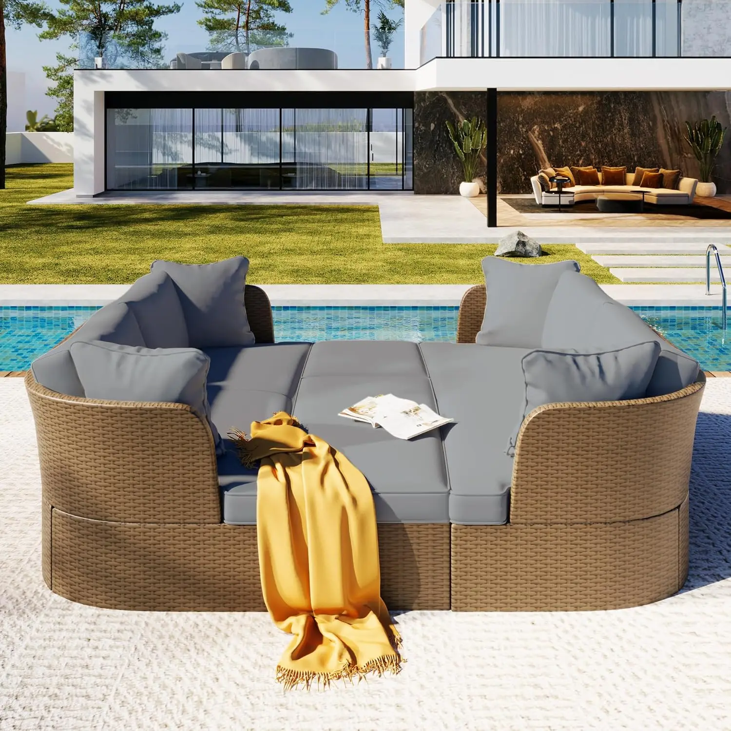 All-Weather Brown PE Rattan Wicker Sofa Set, Sofa Set with Tempered Glass Table, Outdoor Patio Sectional Furniture Set