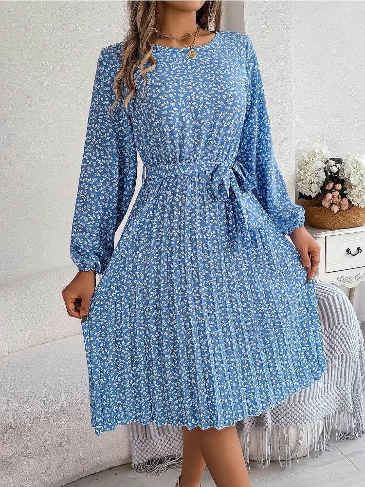 Lässiges Kleid mit Blumenmuster, Rundhalsausschnitt, langen Ärmeln, Gürtel und Falten, Damenbekleidung, sexy Kleid, Minikleid, Sommerkleid