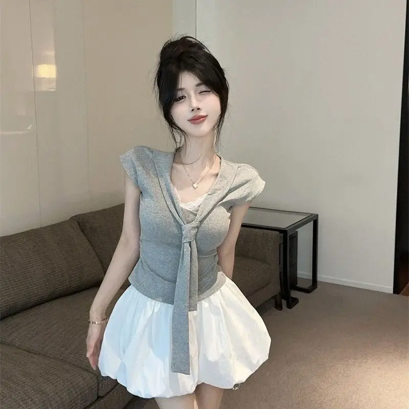 Women Summer Korean Fashion Ribbon Ruffle T-shirt And High Waist Bubble Skirt Set Lace Trim Short Sleeve Crop Top