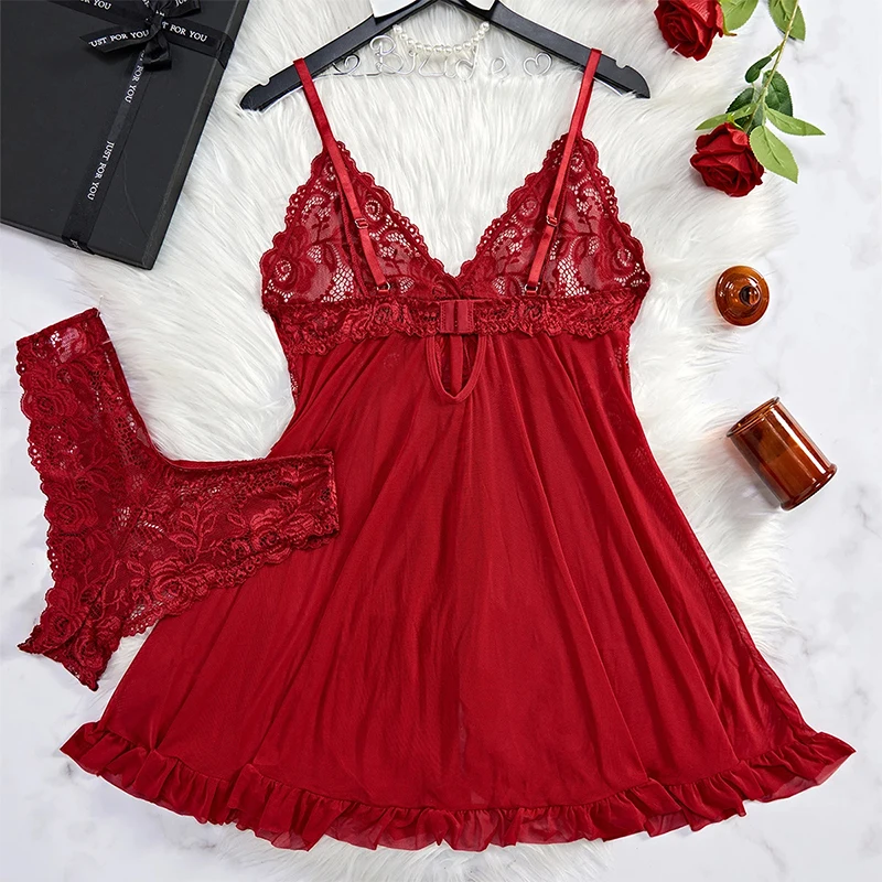 2 Pcs Lace Nightgown Women Deep V Neck Bra Panties Set Transparent Underwear Solid Slim Soft Split Nightdress Sexy Lingerie Sets
