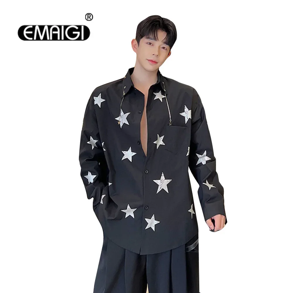 

Men Star Printed Metal Pendant Loose Casual Long Sleeve Shirts Net Celebrity Streetwear Trend Fashion Dress Shirts Blouses Man