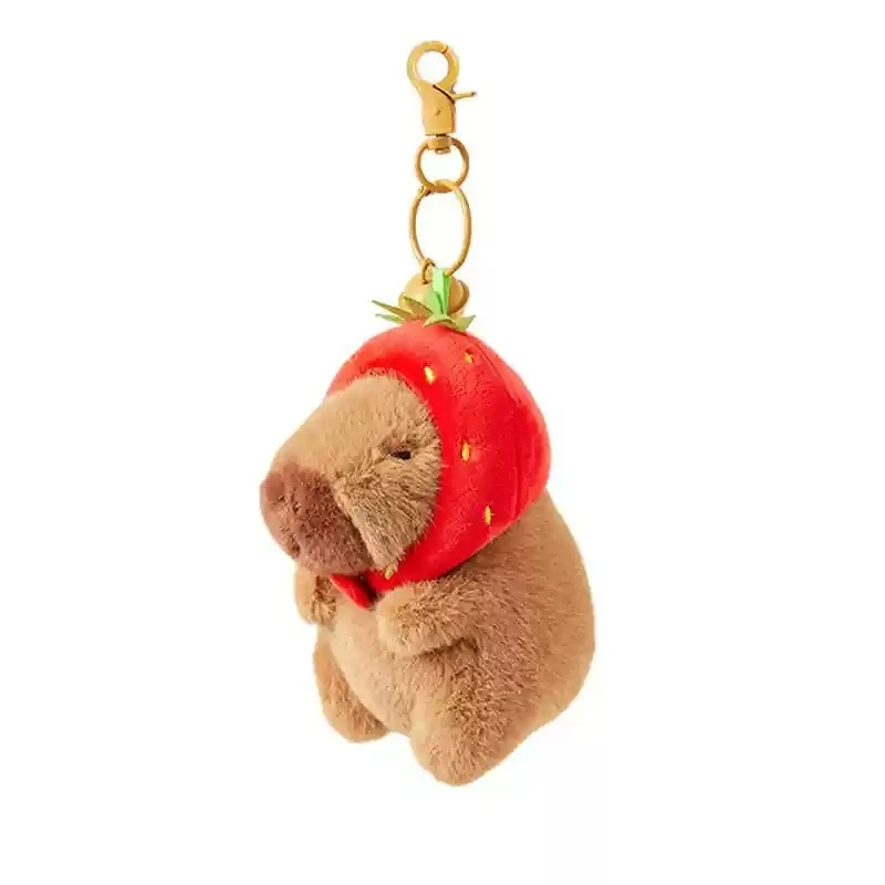 Strawberry Hat Capybara Plush Toy Simulation Backpack Capibara Kawaii Stuffed Animals Papa Hand Circle Ring Pendant  Kids Gift