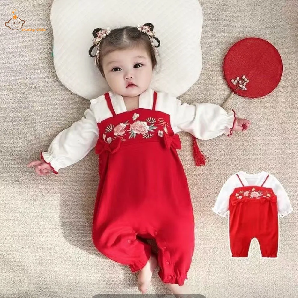 Spring and Autumn Baby Girl Bodysuit Baby Long sleeved Romper Dress Princess Hanfu Dress Newborn Girl Pure Cotton Harper